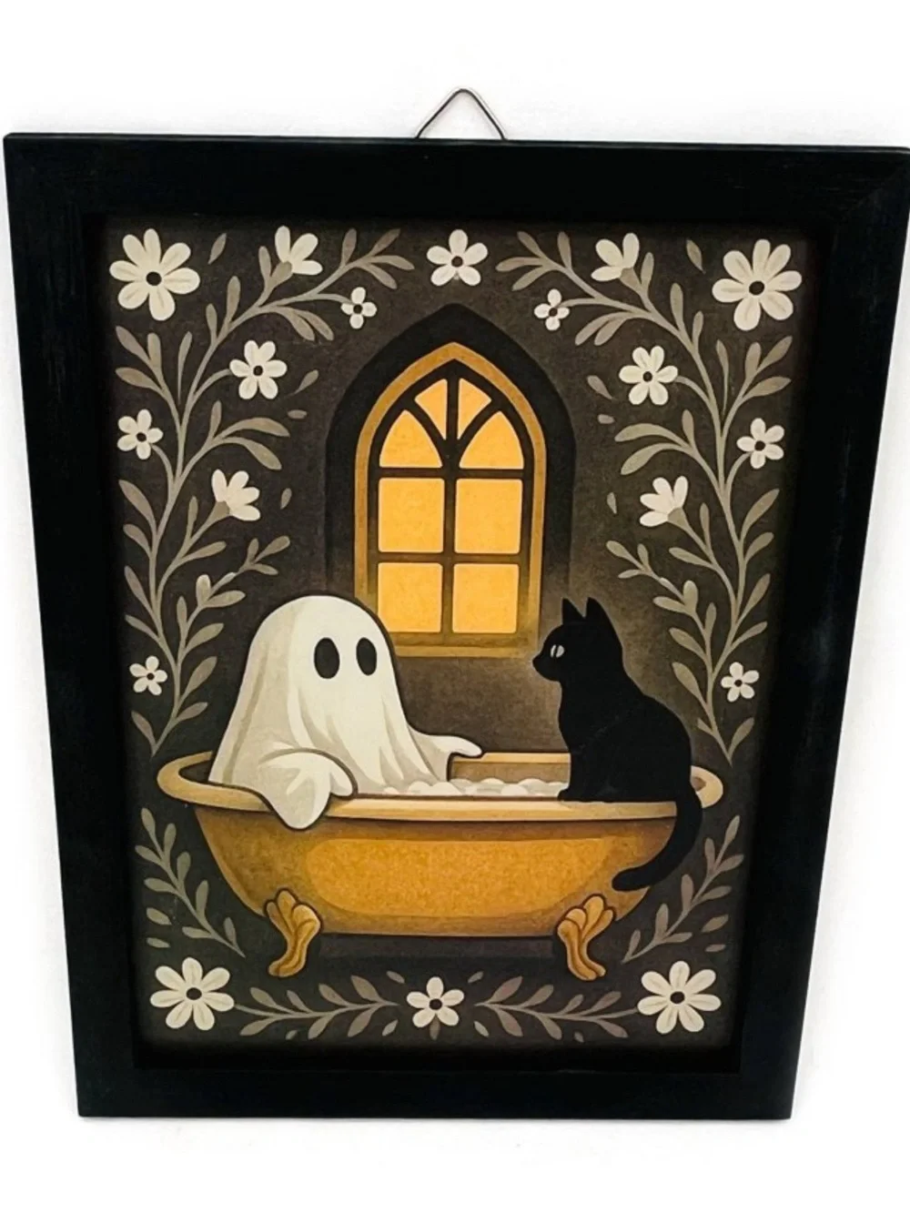 New! Framed Halloween Ghost and Black Cat Bathtub Wall Art - Black Frame